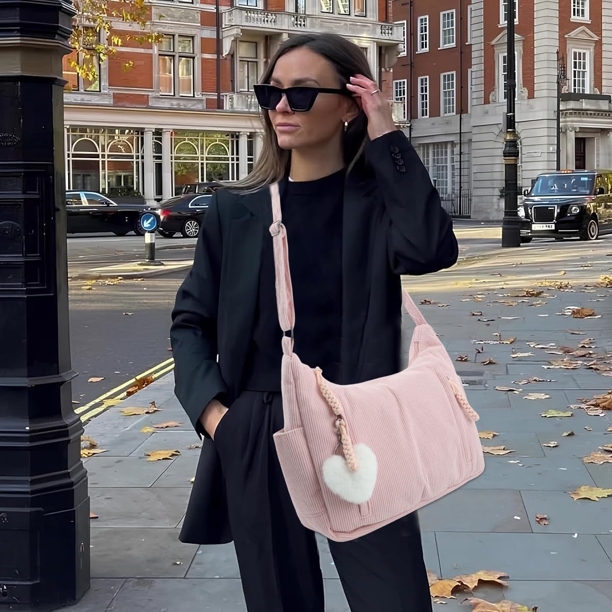 PALAY Corduroy Hobo Bag for Women with Adjustable Strap and Multi Pockets in Pink