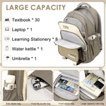 PALAY School Backpack for Girls with 3 Zip Compartments and Padded Straps | Khaki Nylon