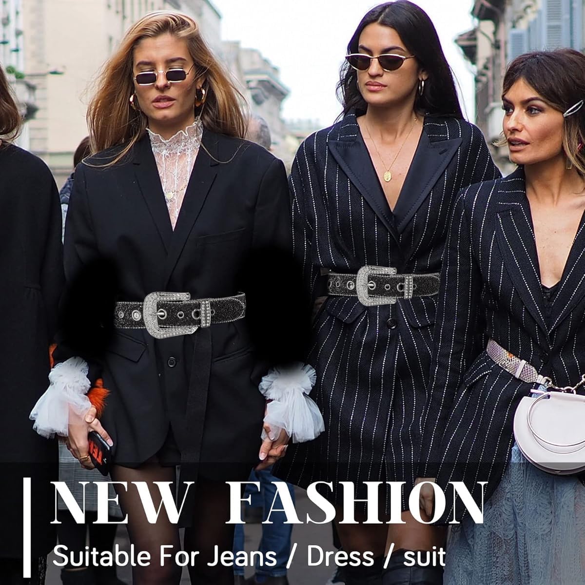 PALAY Waist Belt for Women featuring Sparkling Rhinestones and 44 in Adjustable Eyelets | Black Leather Style