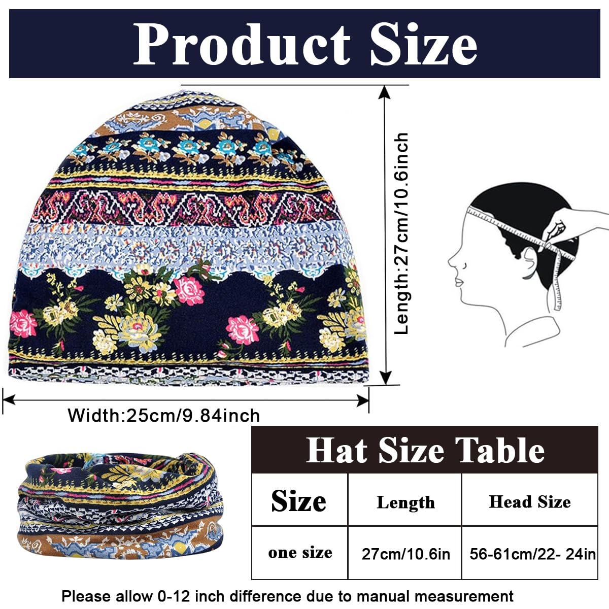 PALAY Beanie Cap for Women featuring Two Openings and 27×28cm Soft Polyester Spandex Fabric | Stylish Boho Floral Chemo Hat