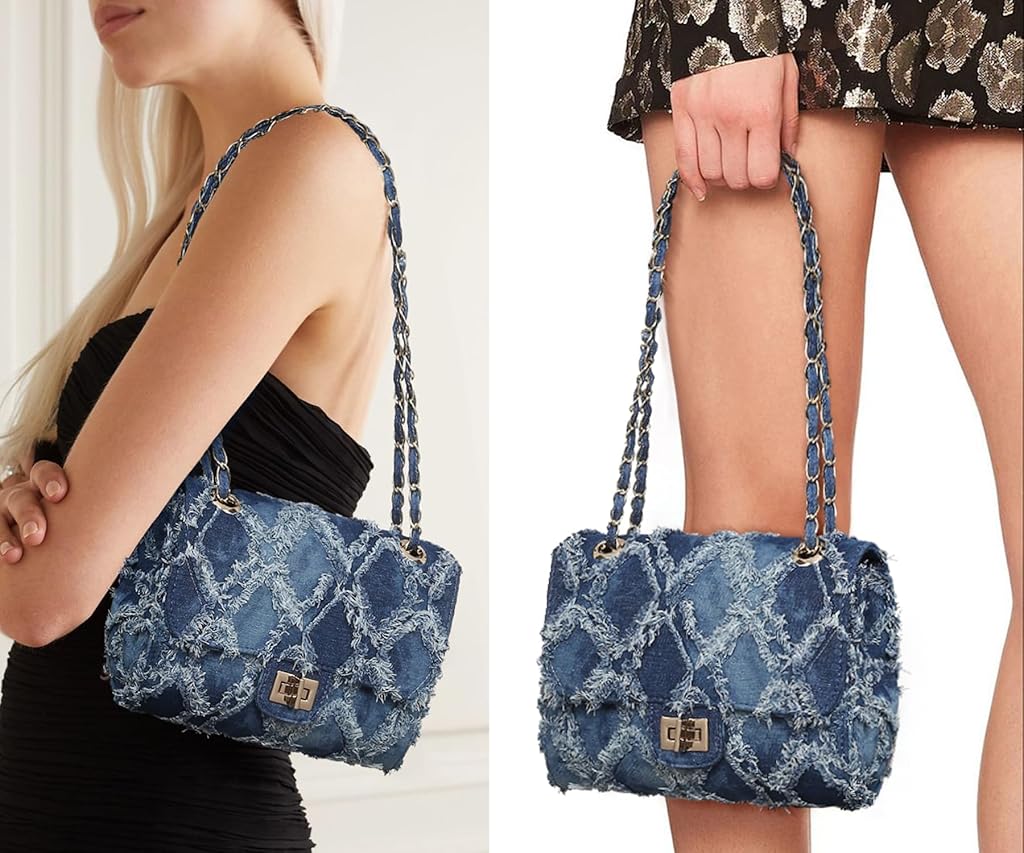 PALAY® Small Shoulder Bag for Women Fashion Blue Denim Crossbody Shoulder Bag Chain Bag Shoulder Bag Phone Bag Evening Bag Metal Interlock Closure Dainty Casual Shoulder Bag
