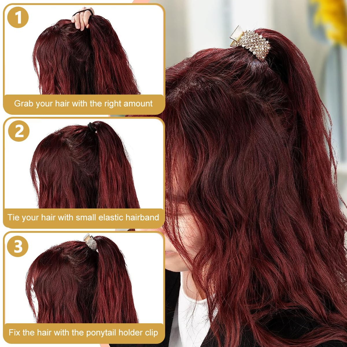 PALAY Hair Claw Clips for High Ponytail with Fishtail Handle and Rhinestones | 3Pcs Alloy Set