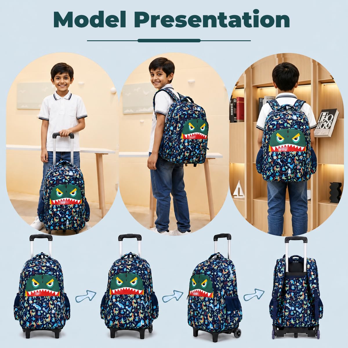 PALAY Dinosaur Trolley School Bag with Wheels