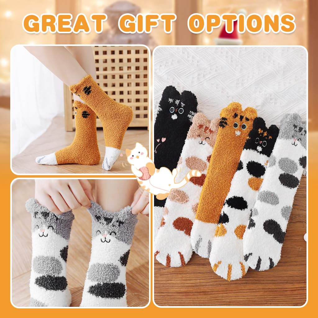 PALAY® 5 Pairs Winter Floor Socks for Women Girls Soft Warm Coral Fleece Socks Cartoon Cat Claw Overankle Socks Winter Home Warm Socks Home Floor Socks Christmas Gift for Girls