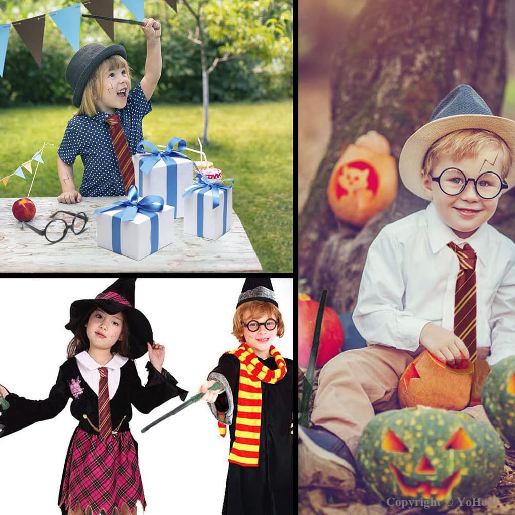 PALAY® Gryffindor Costume Set Halloween Costume Set of 5Pcs Magic Harry Pottery Costume Set with Glasses, Magic Wand, Robe, Scarf, Tie, Cosplay Costume For Kids 125-135 cm