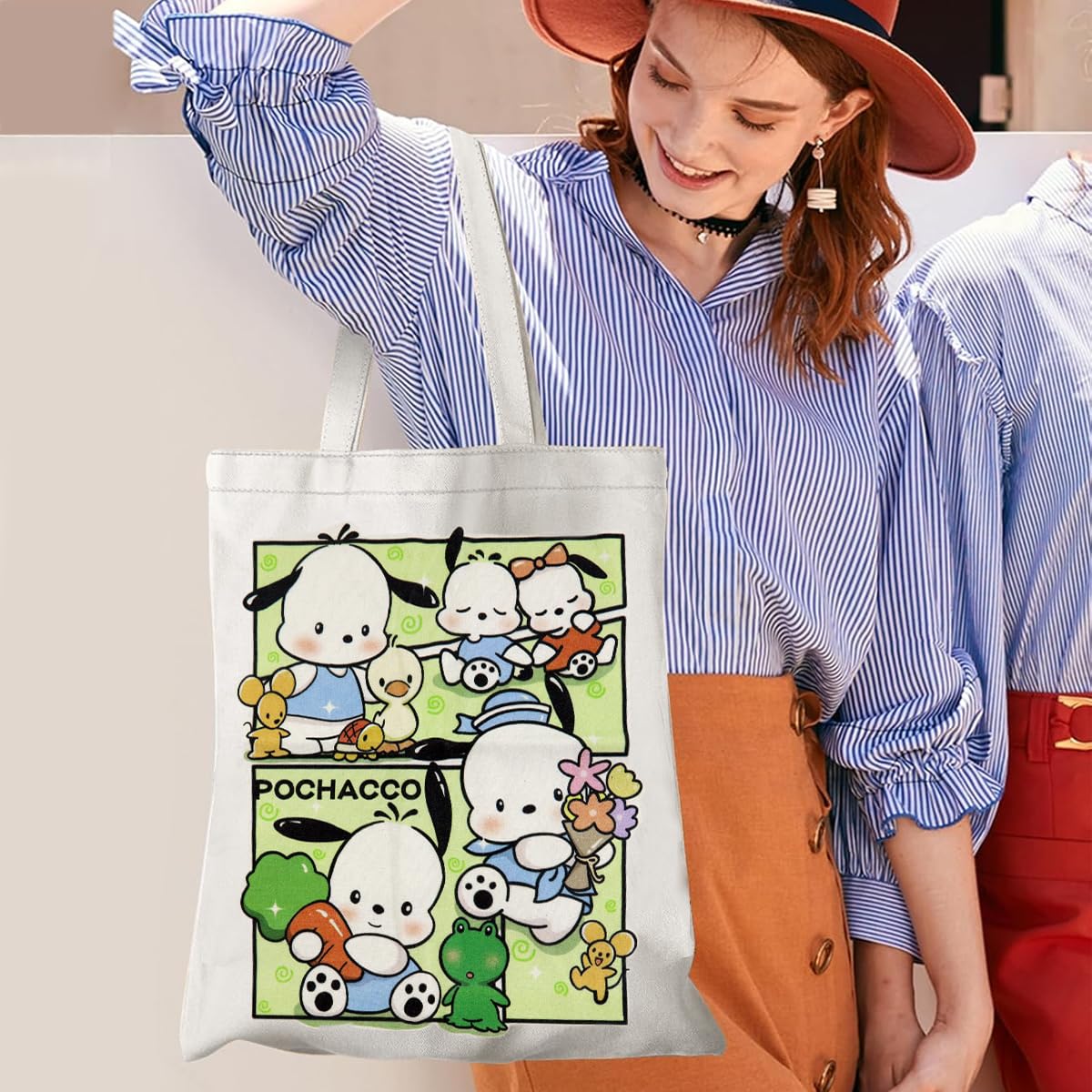 PALAY® Girls Tote Bag Girls Canvas Hand Bag Kawaii Sanrio Pochacco Canvas Book Bag Casual Shoulder Bag Hand Bag Tote Bag Gift for Girls, 45x35 cm