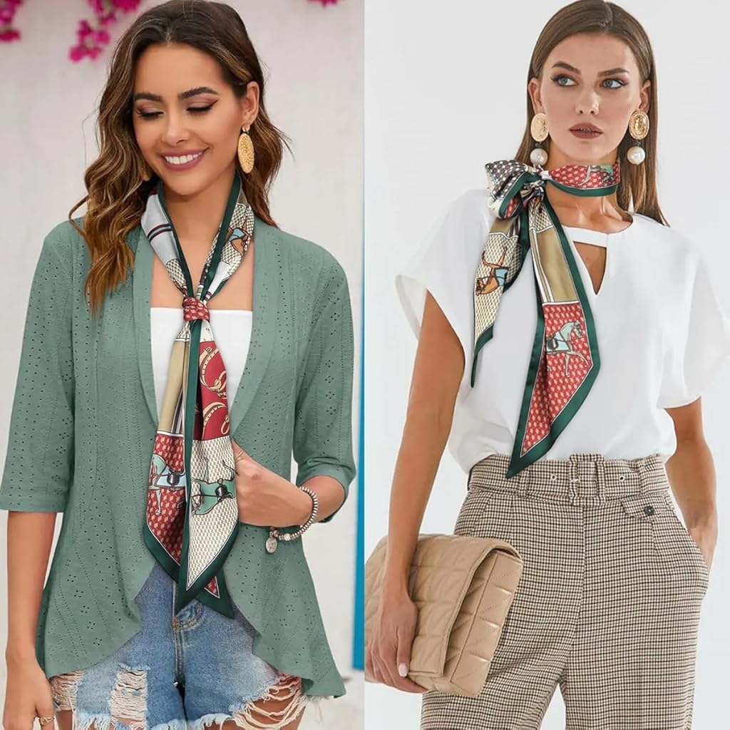 PALAY® Women’s Silk Scarf Combo – Floral & Horse Printed Long Narrow Satin Scarves for Suits, Blazers, Shirts, Bags, Hair, Gift, Neckerchief, 59" for Fashion & DIY Styling