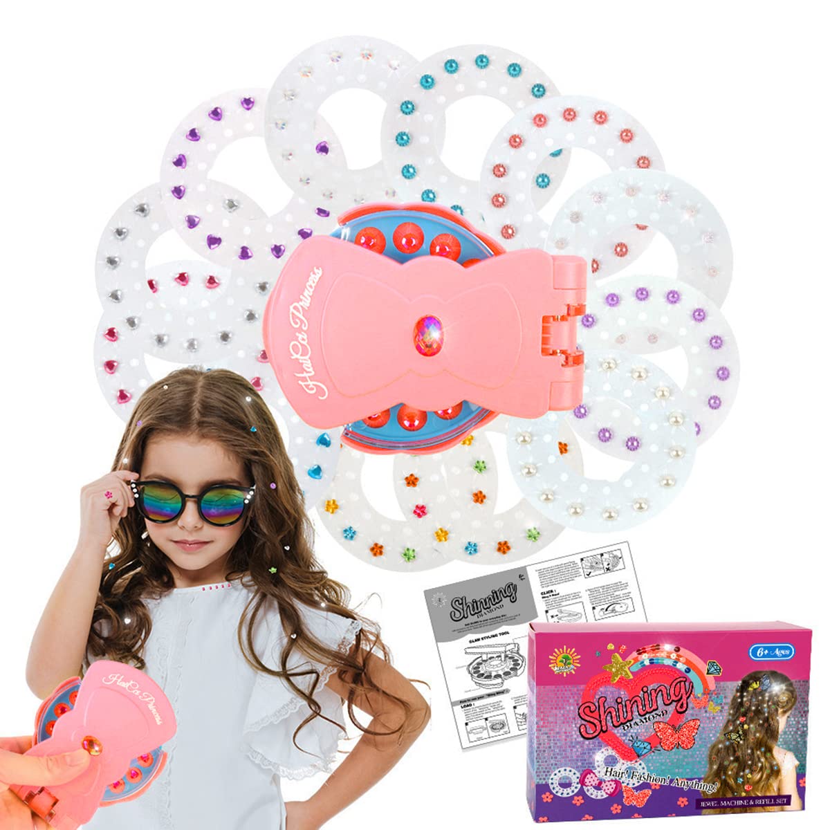 MAYCREATE® Hair Gem Stamper Sparkle Rhinestones Quick Hair Gems Stapler machine with 180pcs Glitter Gems Kit for Girls Kids Age 6+, Bling Hair in Seconds Party Hair-Safe Styling Tools