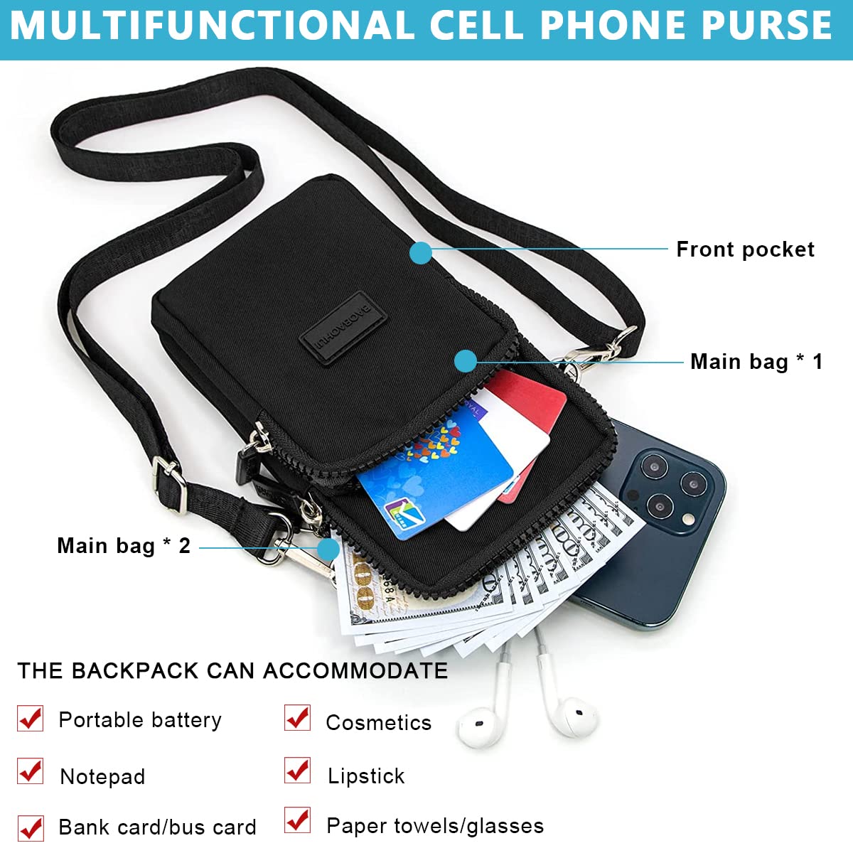 PALAY Small Crossbody Phone Bag for Women with 3 Zipper Layers 19×10×6 cm Oxford Cloth Black