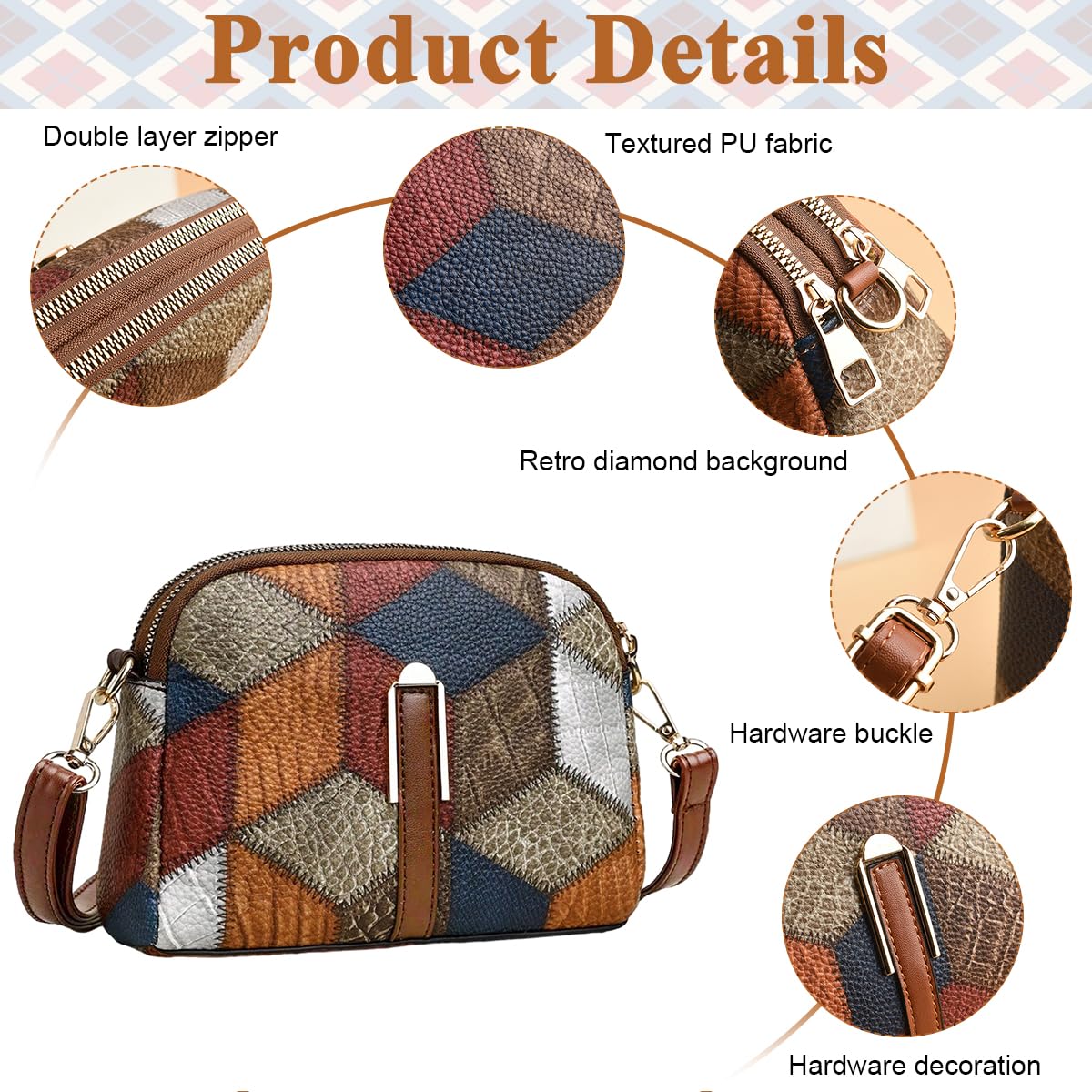 PALAY® Women Mini Colorblock Crossbody Bag, Retro Rhombus Pattern Purse, Fashion Shoulder Bag, Multicolor