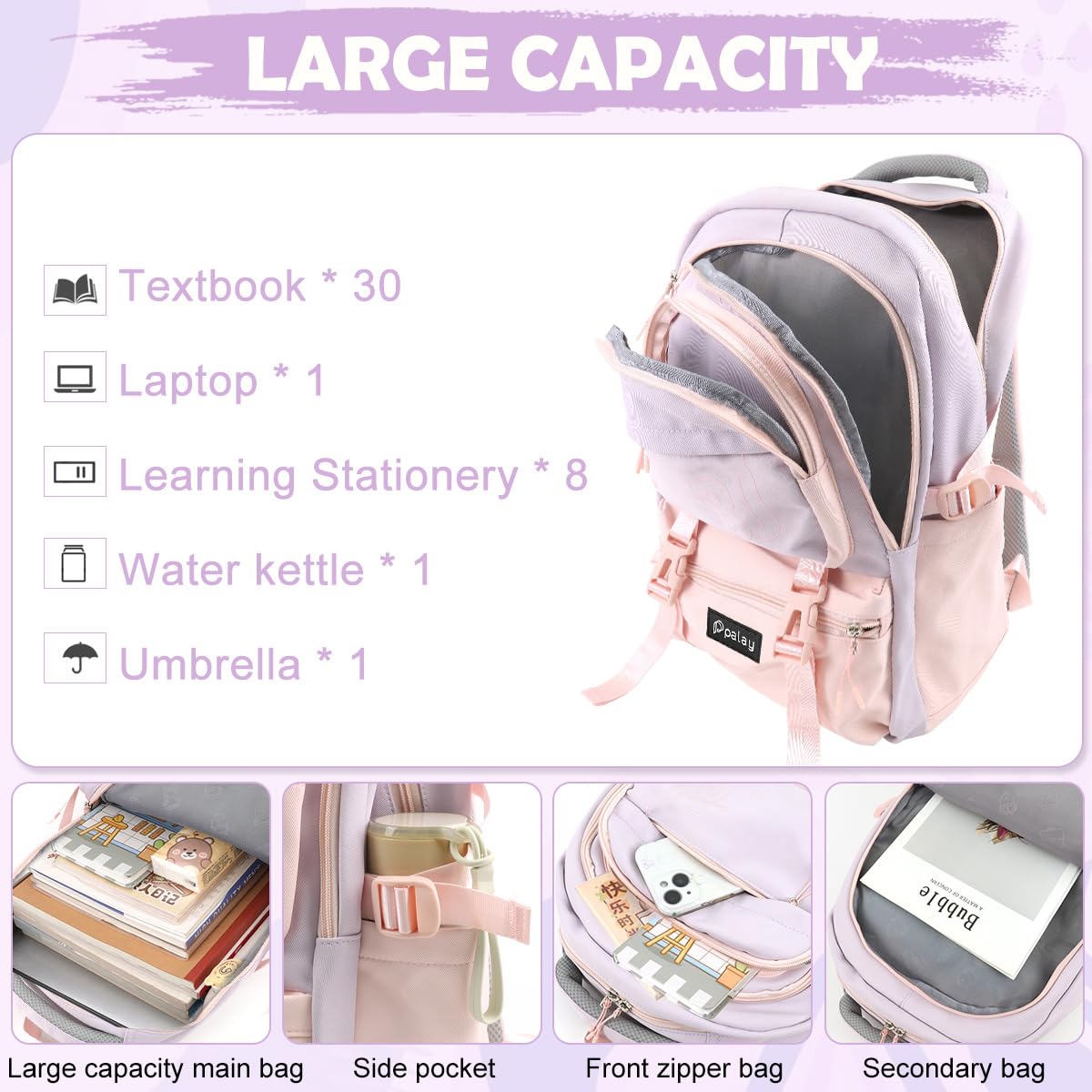 PALAY Girls Backpack for School and Travel with Multi Compartments | Pink Nylon Design