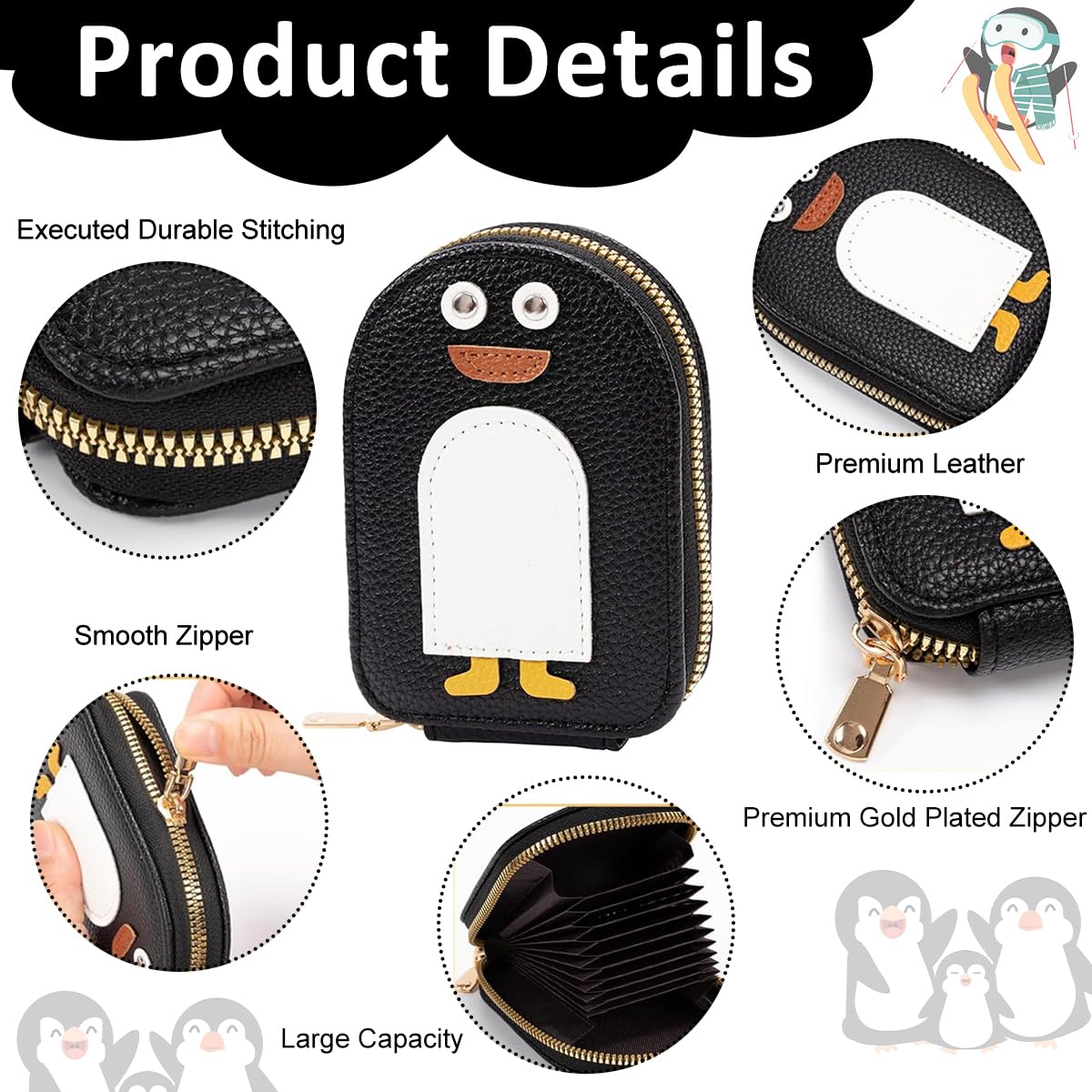PALAY Girls Card Bag for Travel with 10 Compartments and RFID Blocking PU Penguin Design