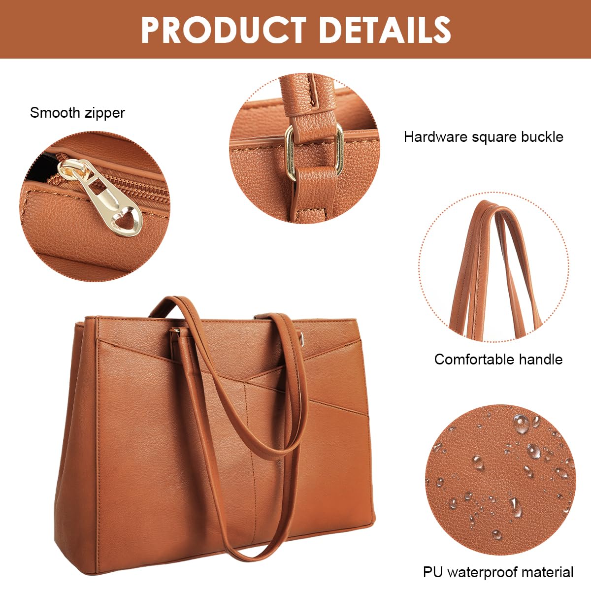 PALAY Tote Bag for Women with 15.6 in Laptop Compartment and Waterproof PU Leather | Brown Office Handbag