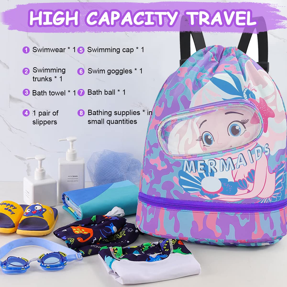 PALAY Swimming Bag for Kids with Cartoon Print and Wet Dry Separation | Large Capacity Backpack
