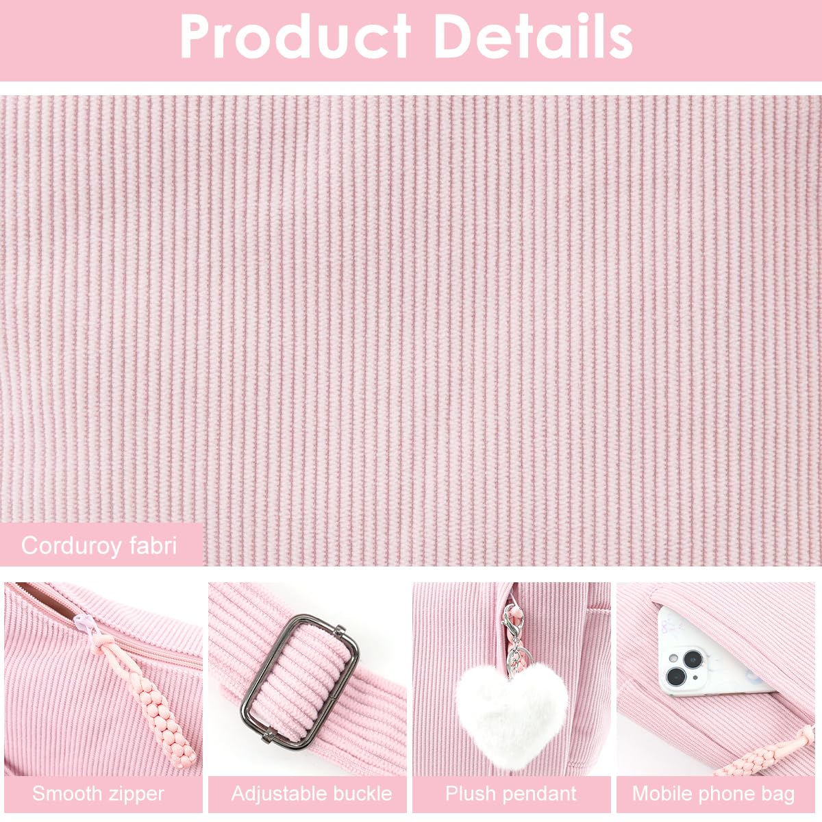 PALAY Corduroy Hobo Bag for Women with Adjustable Strap and Multi Pockets in Pink