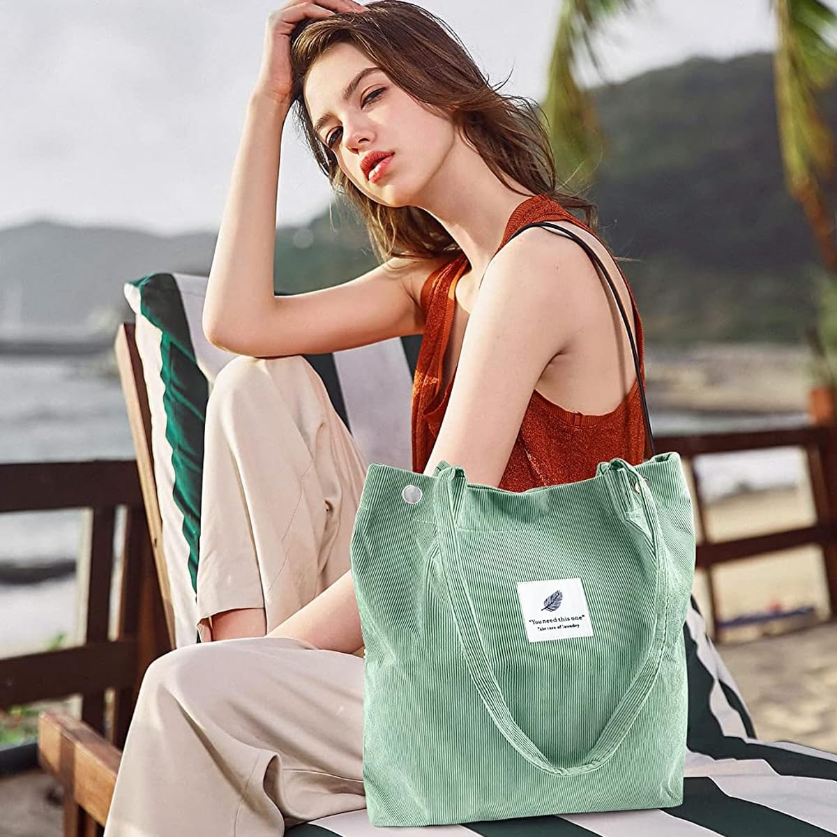 PALAY Tote Bags for Women with Reinforced Handles and L39xW12xH35cm Large Capacity | Green Corduroy Shoulder Bag for Work School and Travel
