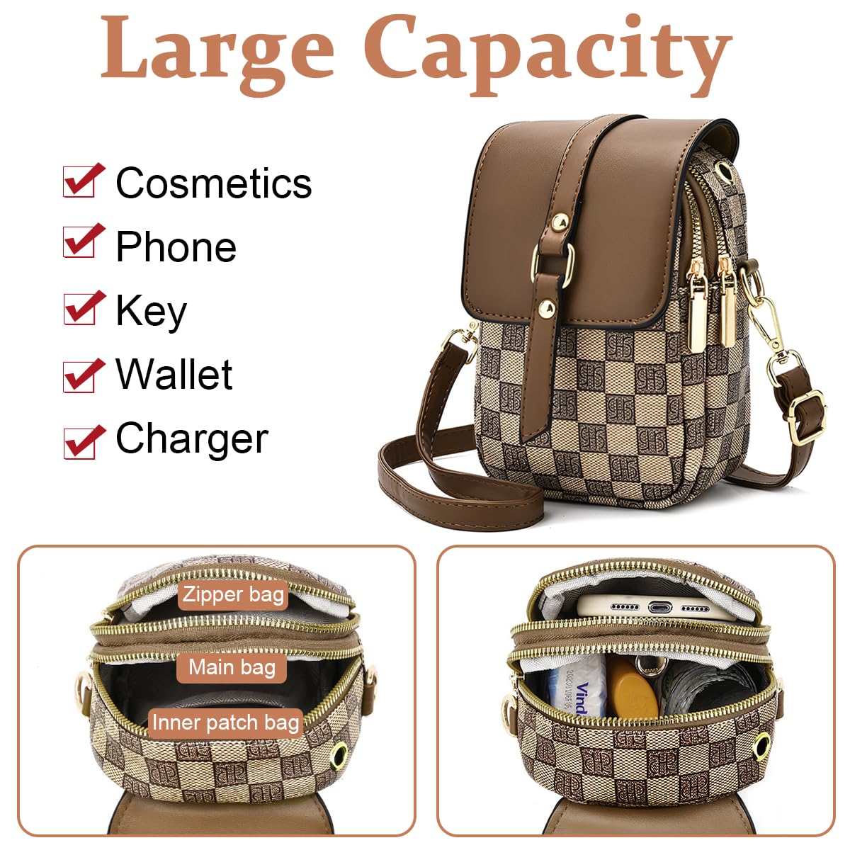 PALAY Sling Bag for Women with Multi Layered Design and 5×2.75×7.8 in Size | Brown PU Leather Crossbody Phone Purse