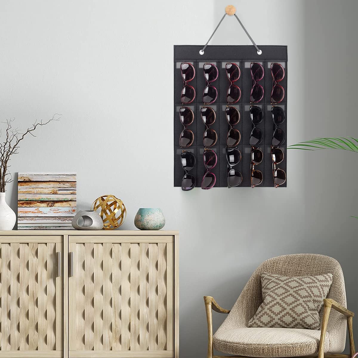 PALAY Sunglasses Organizer Box for 15 Pairs with Hanging Design and Felt Material | Wall Storage Display