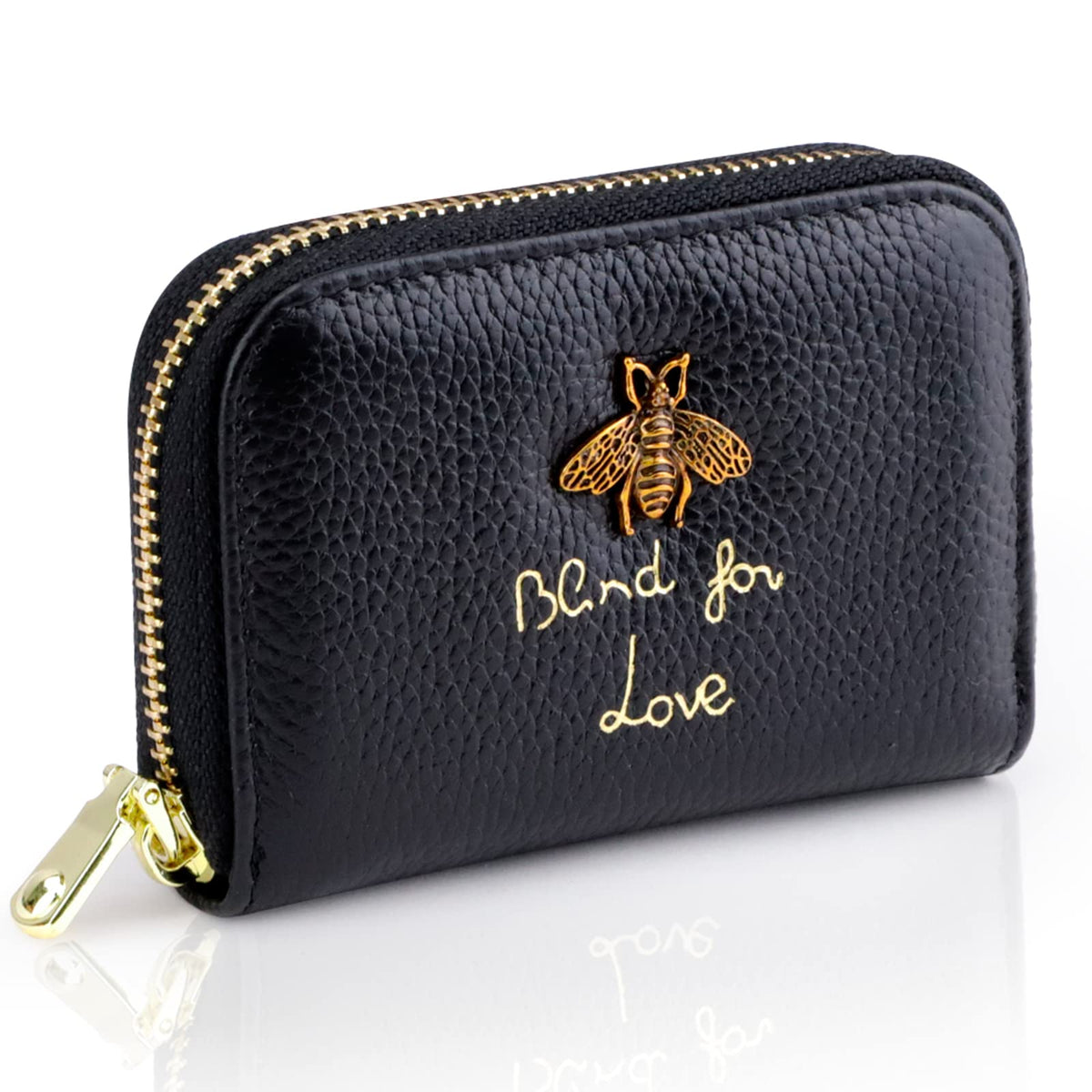 PALAY® Women Cards Bag RFID Credit Card Zipper Pouch with 12 Card Slots & 2 Utility Compartment Fashion Little Bee Charm PU Leather Zipper Pouch Card Bag Coin Bag Gift for Women, Black, 10.5x8cm