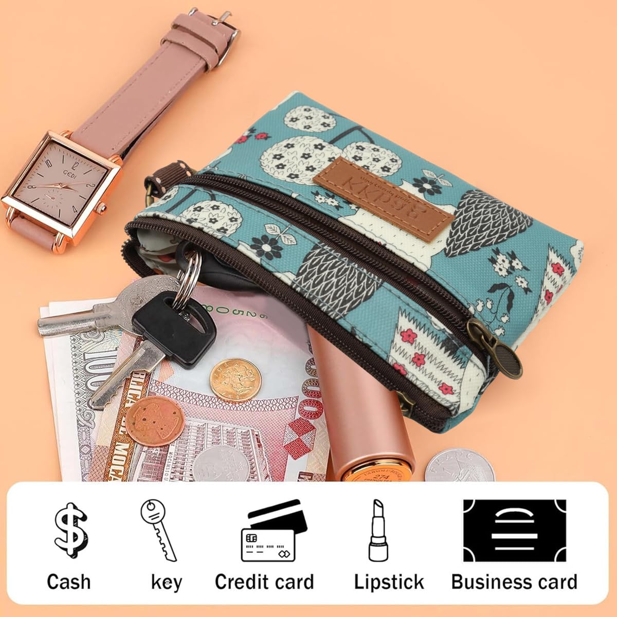 PALAY Coin Bag for Daily Essentials with Double Layer Zippers and Carabiner Clip | 12x10cm Polyester Pouch for Women and Girls