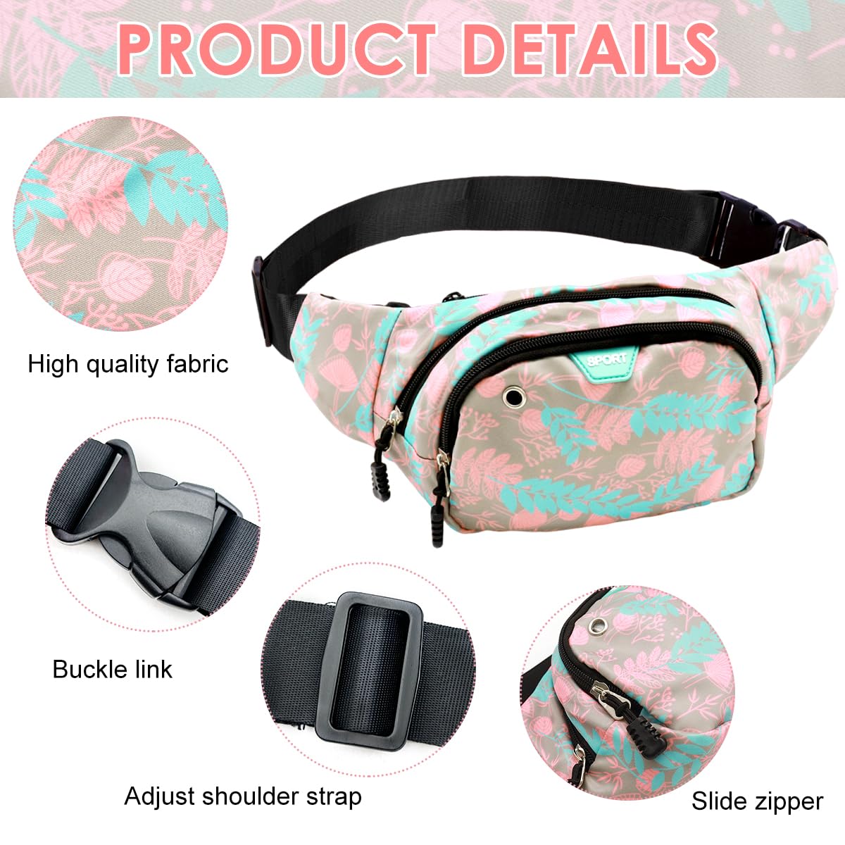 PALAY Waist Bag for Women featuring Double Layer Zipper Pockets and Waterproof Nylon | Pink Floral Lightweight Travel Fanny Pack
