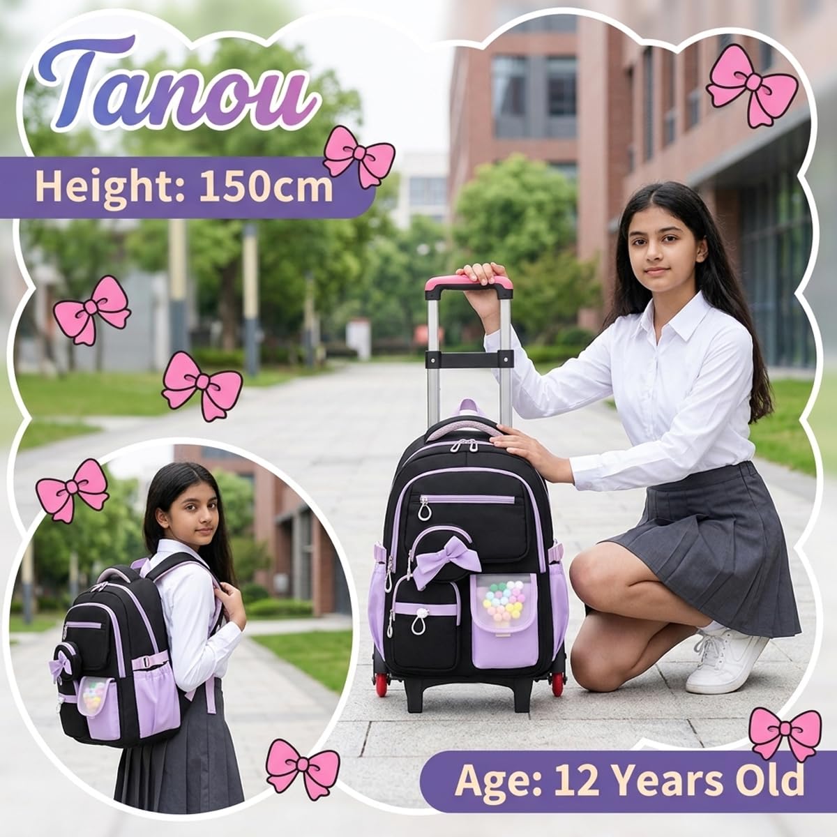 PALAY Purple School Trolley Backpack for Girls with Wheels