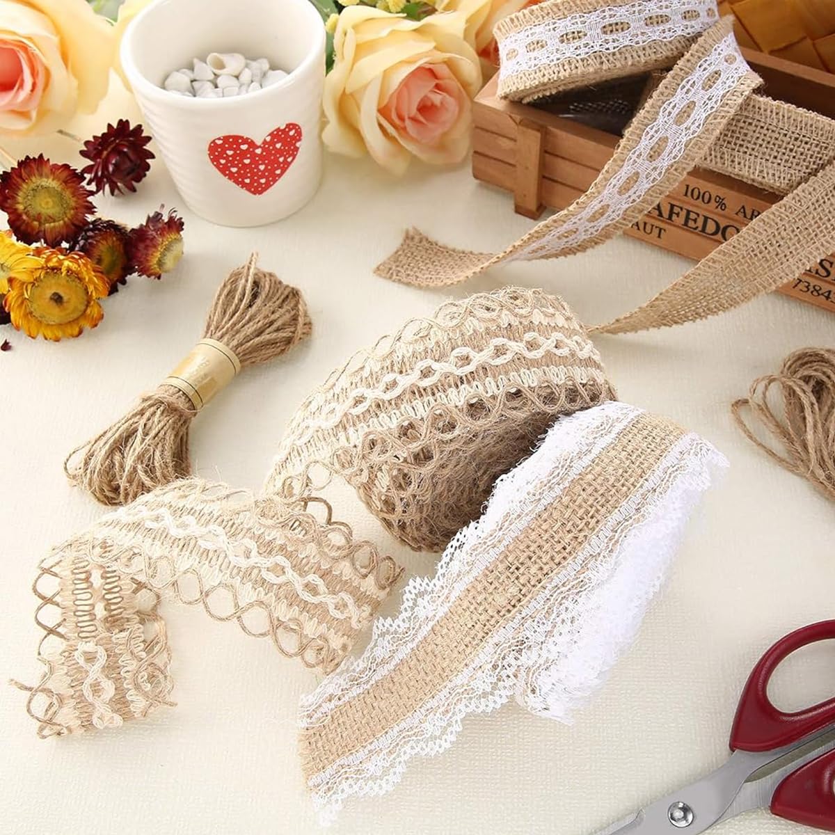 PALAY Jute Rope Burlap Ribbon for Craft and Gift Wrapping featuring Woven Jute Fiber 13.12ft Rolls | Natural Fabric Wedding Decorations