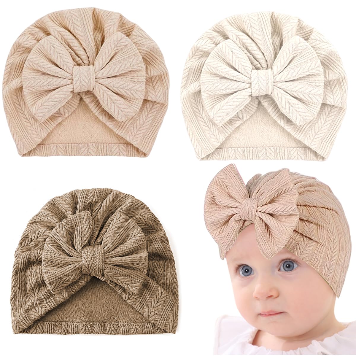 PALAY Baby Cap Set for 3–18 Months with Large Bow and Soft Stretchy Fabric | 3pcs Warm Hats