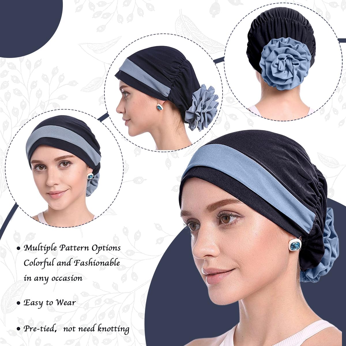 PALAY® Women Hair Wrap Head Wrap Grey Flower Hair Wrap Cap Turban Cap Slouchy Chemo Cap Head Wrap Hat for Women Sleep Hat Headwear, Navy