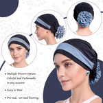 PALAY® Women Hair Wrap Head Wrap Grey Flower Hair Wrap Cap Turban Cap Slouchy Chemo Cap Head Wrap Hat for Women Sleep Hat Headwear, Navy