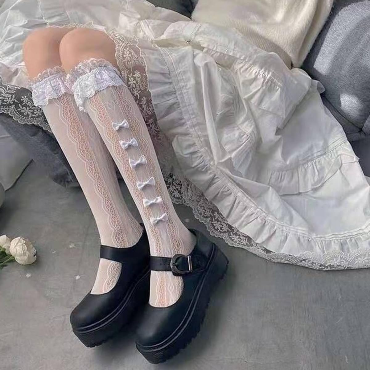 PALAY Knee High Socks for Girls with Lace Bow Design in White | Calf-Length Lolita Style