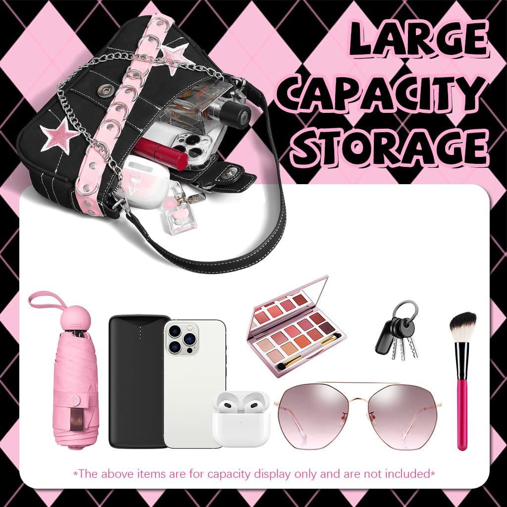 PALAY Shoulder Bag for Girls with Chain Charm and Zipper Closure 23x7x13cm Black | Y2K Style