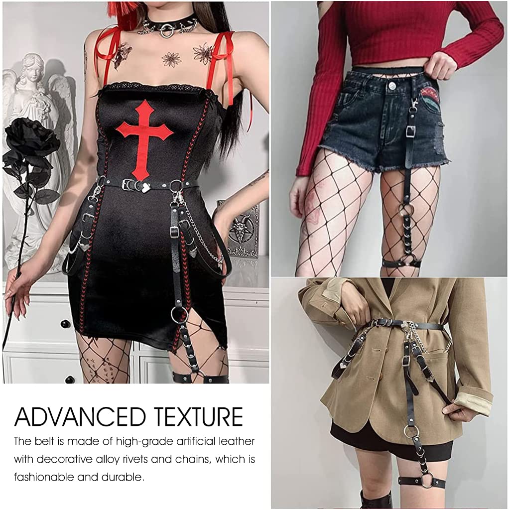 PALAY Punk Waist Chain Belt for Women featuring Metal Rings and Heart Pendant | 110cm Black Faux Leather