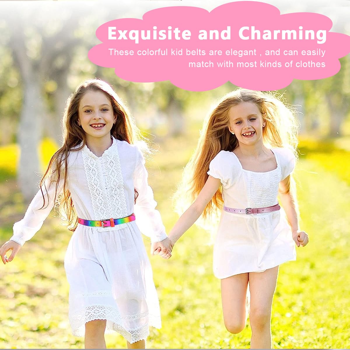 PALAY Girls Belt 4PCS Set with Metal Buckle 90cm PU Leather Glitter Pink & Rainbow for 6–12