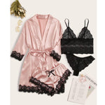 PALAY Panty Set for Women featuring 4pcs Silk Robe with Black Lace Bra and Matching Panties