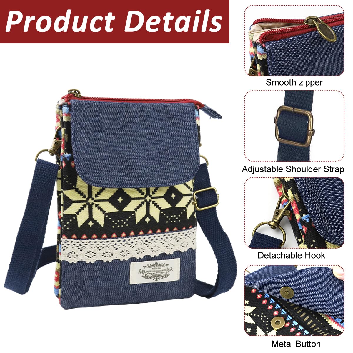 PALAY Women's Boho Print Phone Bag featuring Drawstring Closure and Canvas Cloth 12cm x 19cm x 1cm