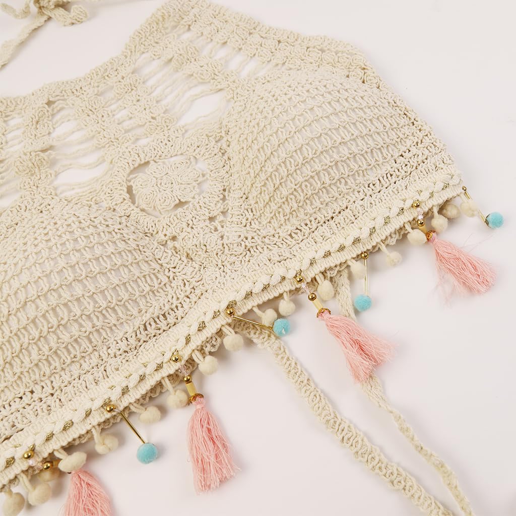 PALAY Women's Crochet Bikini Crop Top for Beachwear featuring Tassels and Halter Tie