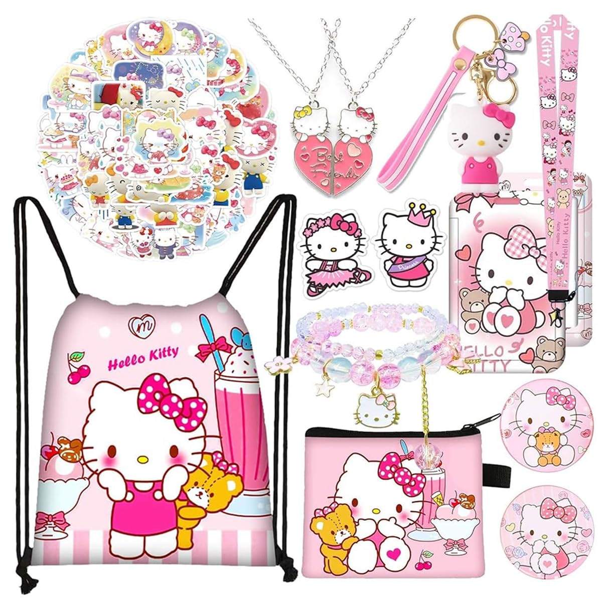 PALAY® Cute Kitty Kawaii Stationery Set, 12Pcs Sanrio Stationery Stuff Gift Set Including Drawstring Bag Coin Wallet Bracelet Keychain Necklaces Button Pins Stickers Lanyard for Kids Adults