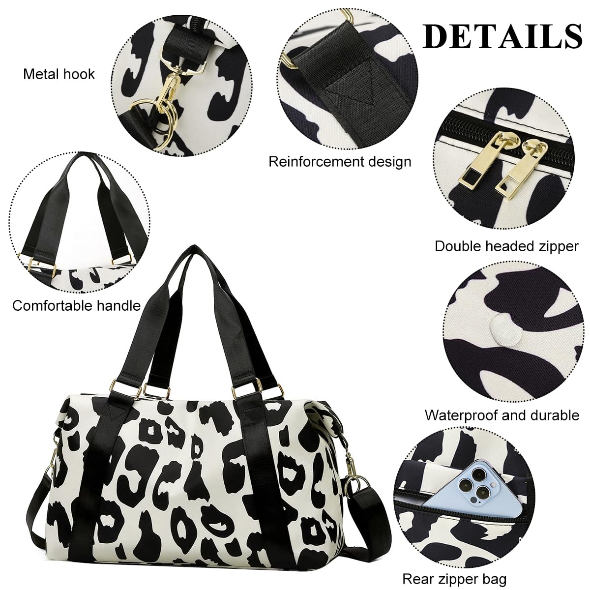 PALAY Travel Bag for Weekend and Gym Use with Detachable Strap and Waterproof Oxford Cloth | 46x28x17cm Cow Print Duffel