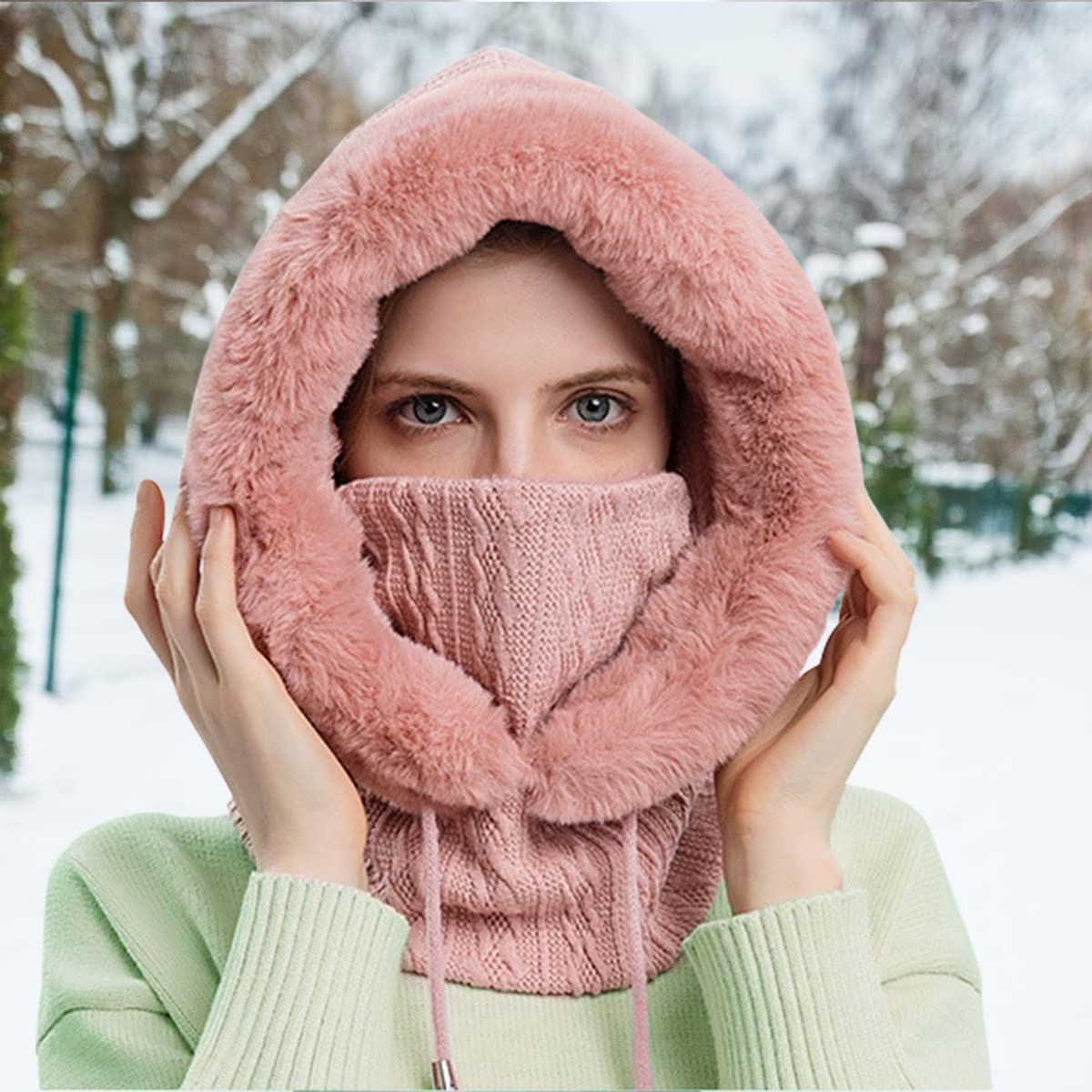 PALAY Winter Cap for Women featuring 35cm Hood Height with Fleece Lined Neck Scarf & Mask | Pink