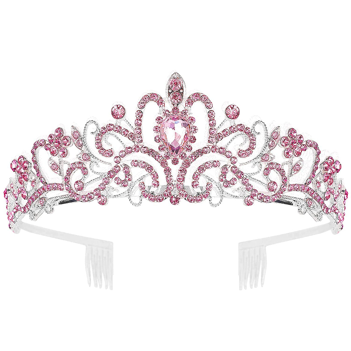 PALAY Didder Silver Tiara Crown for Women with Pink Crystals and Combs | Bridal Prom Birthday Accessory