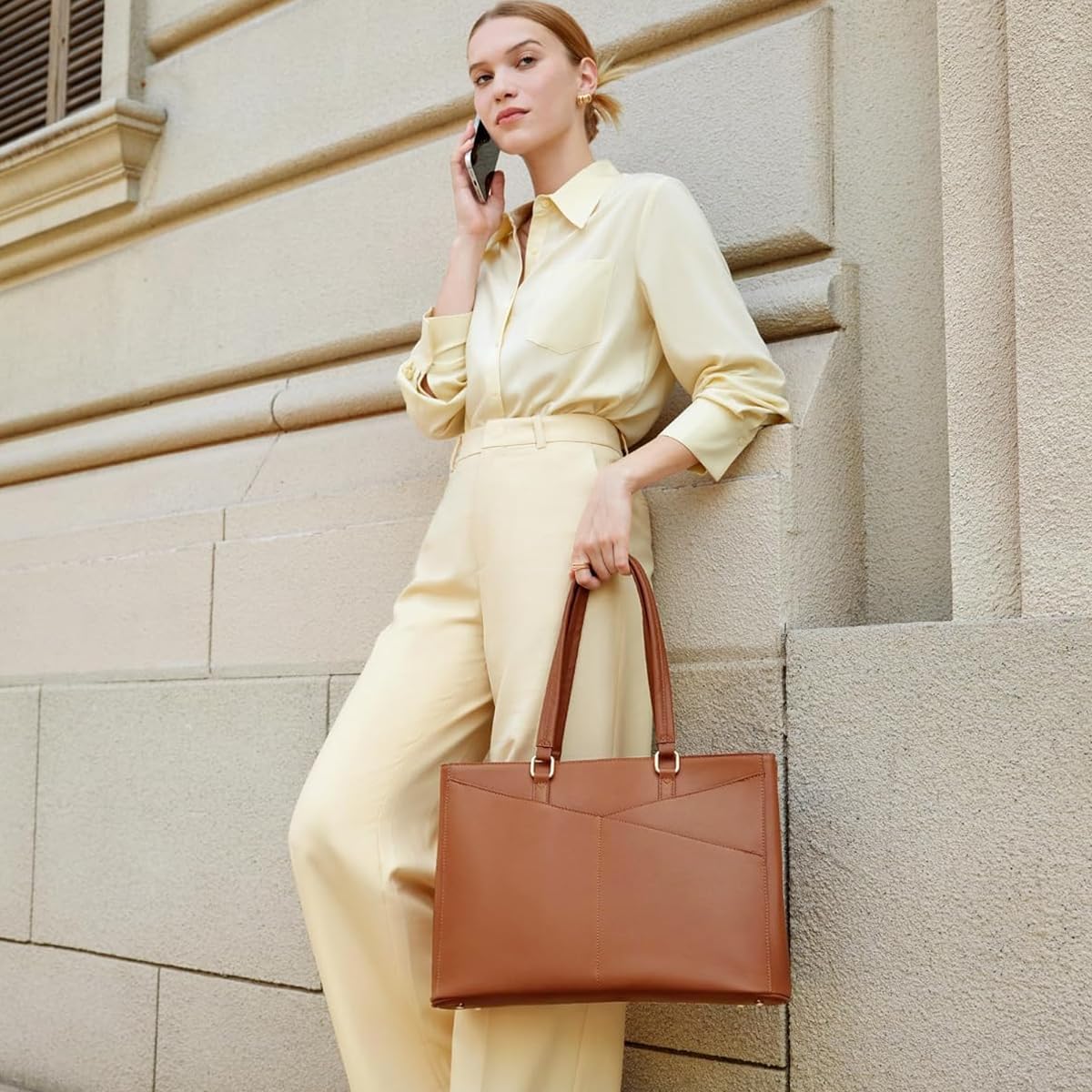 PALAY Tote Bag for Women with 15.6 in Laptop Compartment and Waterproof PU Leather | Brown Office Handbag