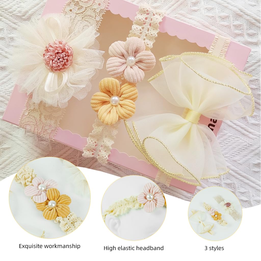PALAY Baby Headband Set for Girls featuring Soft Elastic Nylon | 3Pcs Lace Bow Design