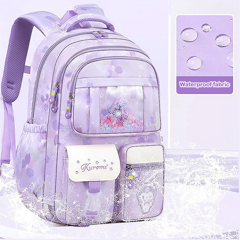 PALAY® Kuromi Backpack for School Girls Sanrio Kuromi School Backpack Multi Layer Large Book Bag Burden Relief Travel Backpack School Backpack for 8-16 Years Olds School Girls Teens, 45x31x19cm
