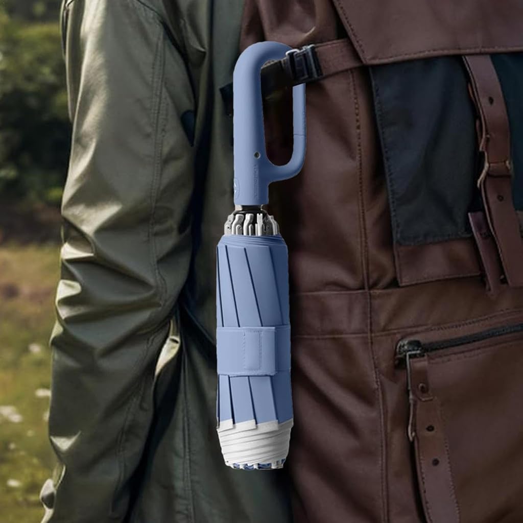 PALAY® 50'' Large Umbrella with Reflective Strip, Auto 3-Fold Compact Travel Umbrella, Carabiner Handle, Reinforced 10 Dual Ribs, Sun Protection 99% UV & Rain & Windproof for Men Women (Blue)