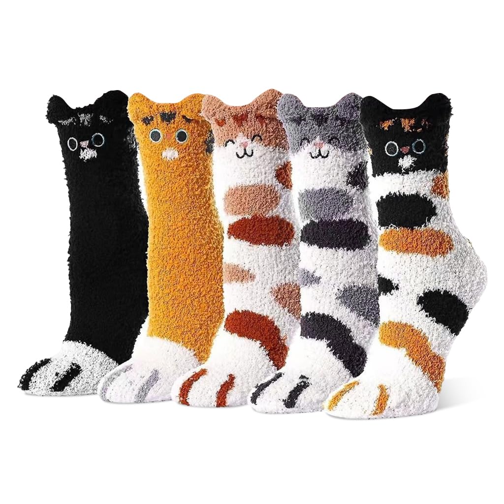 PALAY® 5 Pairs Winter Floor Socks for Women Girls Soft Warm Coral Fleece Socks Cartoon Cat Claw Overankle Socks Winter Home Warm Socks Home Floor Socks Christmas Gift for Girls