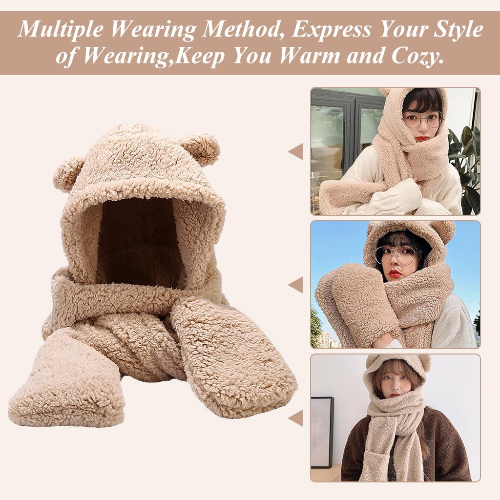PALAY® Kawaii Winter Scarf Hat for Girls 3 In 1 Cute Bear Ear Warm Scoodie Scarf Hat Extended Long Scarf & Intergrated Gloves Fashion Winter Scarf Hat Gift for Girls