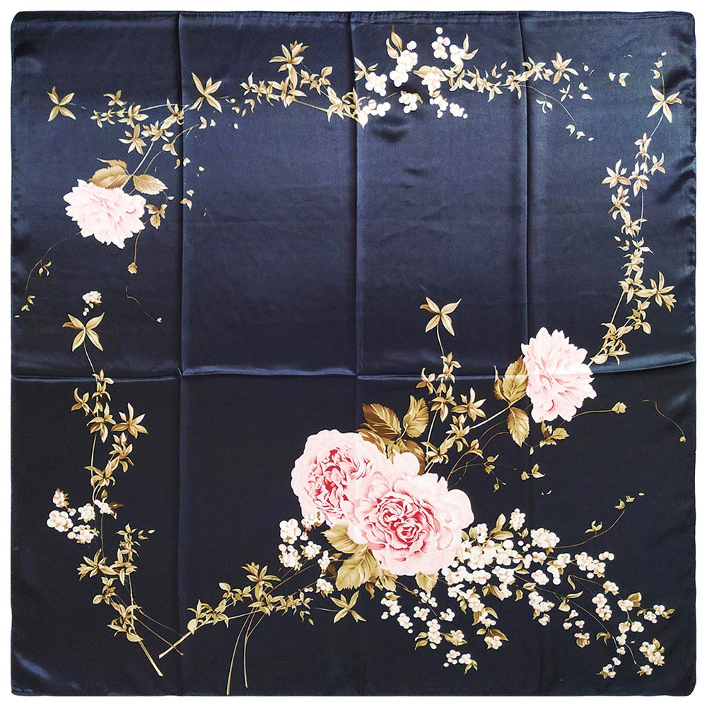 PALAY Square Scarf for Women with 35 x 35 in Size and Satin Silk Like Fabric in Navy Blue