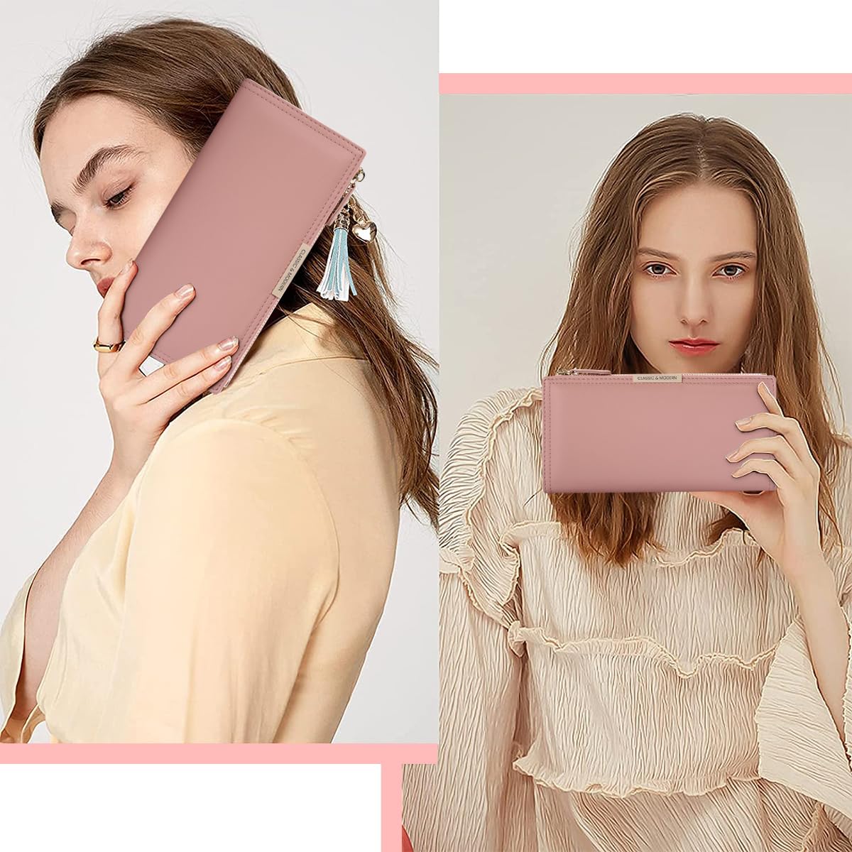 PALAY Wallet for Women with 11 Card Slots and Zipper Pouch in Pink PU Leather | 19.5x10 cm