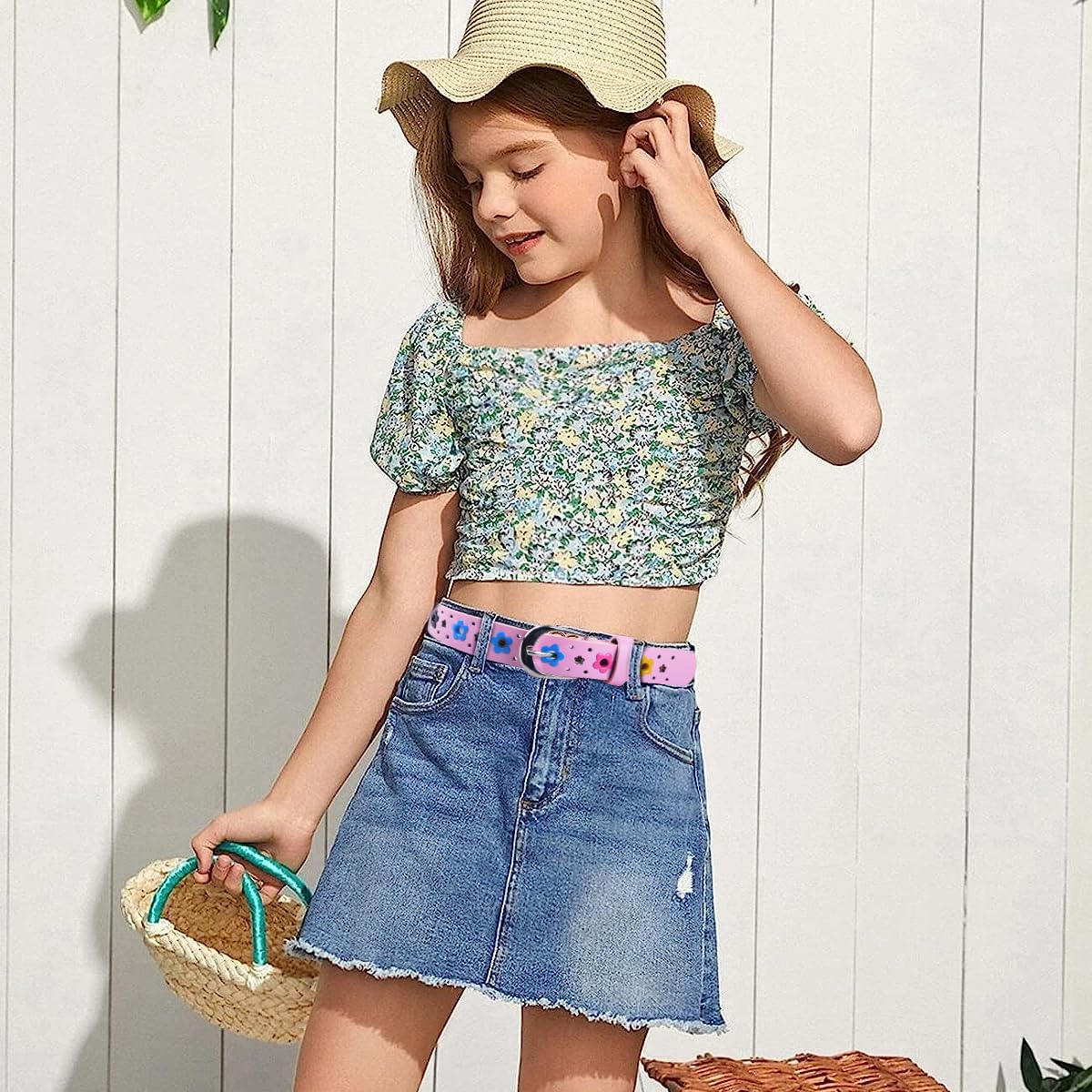 PALAY Girls Belt for Jeans and Dresses with Flower Hollow Cut Design 92cm PU Leather | 2 Pack